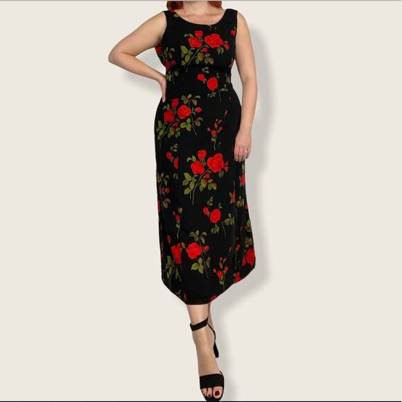 Vintage Studio1 Size 6/8 Red Rose Floating Floral Print Sleeveless Midi Dress - Picture 2 of 13